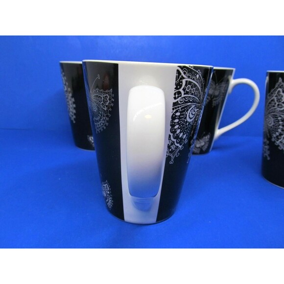 Roscher Butterfly Lace Collection Set Of 4 White On Black 4 1/2" Tall Cups Mugs - Picture 6 of 16